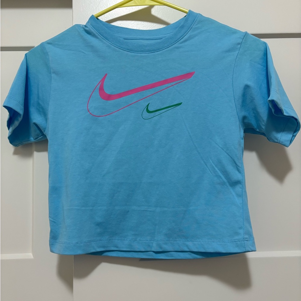 Nike Kids Blue Tee with Pink and Green Swooshes
